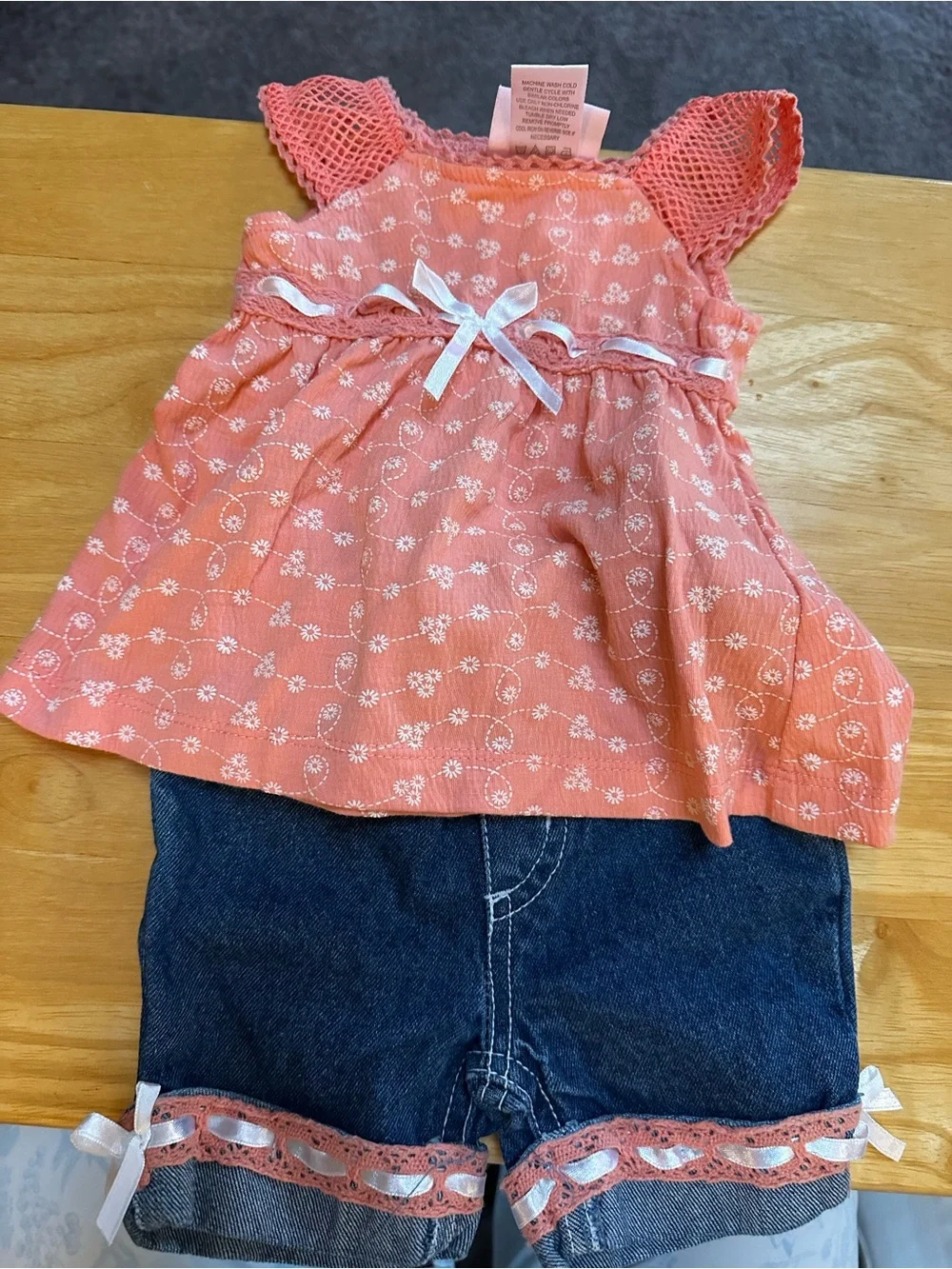Little Me Coral Floral 2 piece Baby top with Eyelet Sleeves and denim shorts - Picture 9 of 10